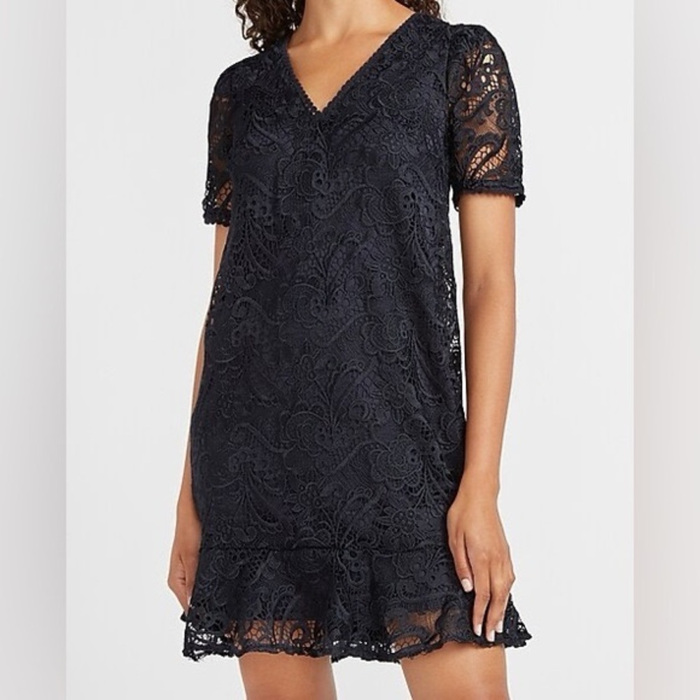 NWT Express Navy Blue Lace Overlay Short Sleeve Dress M Medium